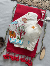 Red Handloom Cotton Saree With Embrodery Work Redy Made Blouse